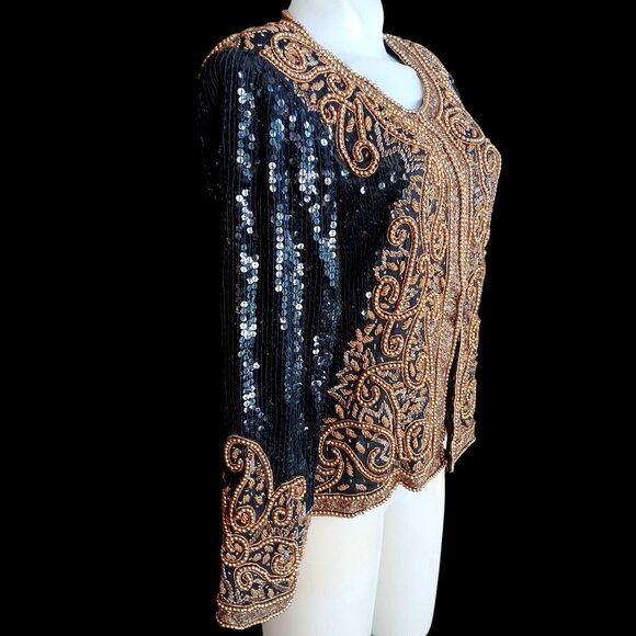 Small Vintage Bolero Jacket Black Gold Beaded Sequin Embroidery Patra - Picture 6 of 15